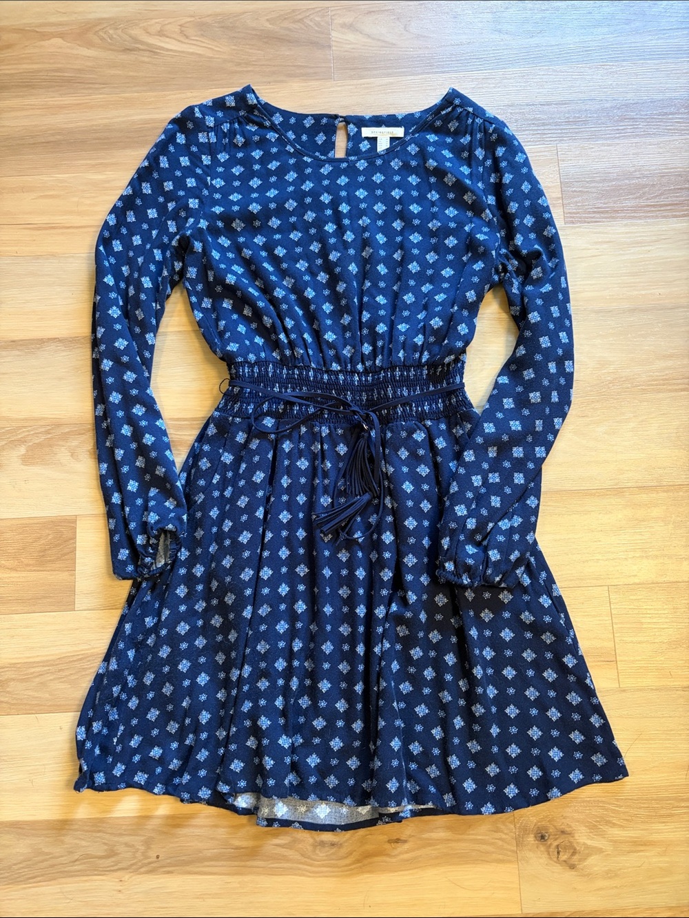 Smocked-Waist Navy Long-Sleeve Printed Dress